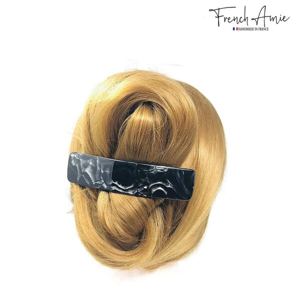 Long Rectangle Black Marble Celluloid Hair Clip Handmade Large Barrette